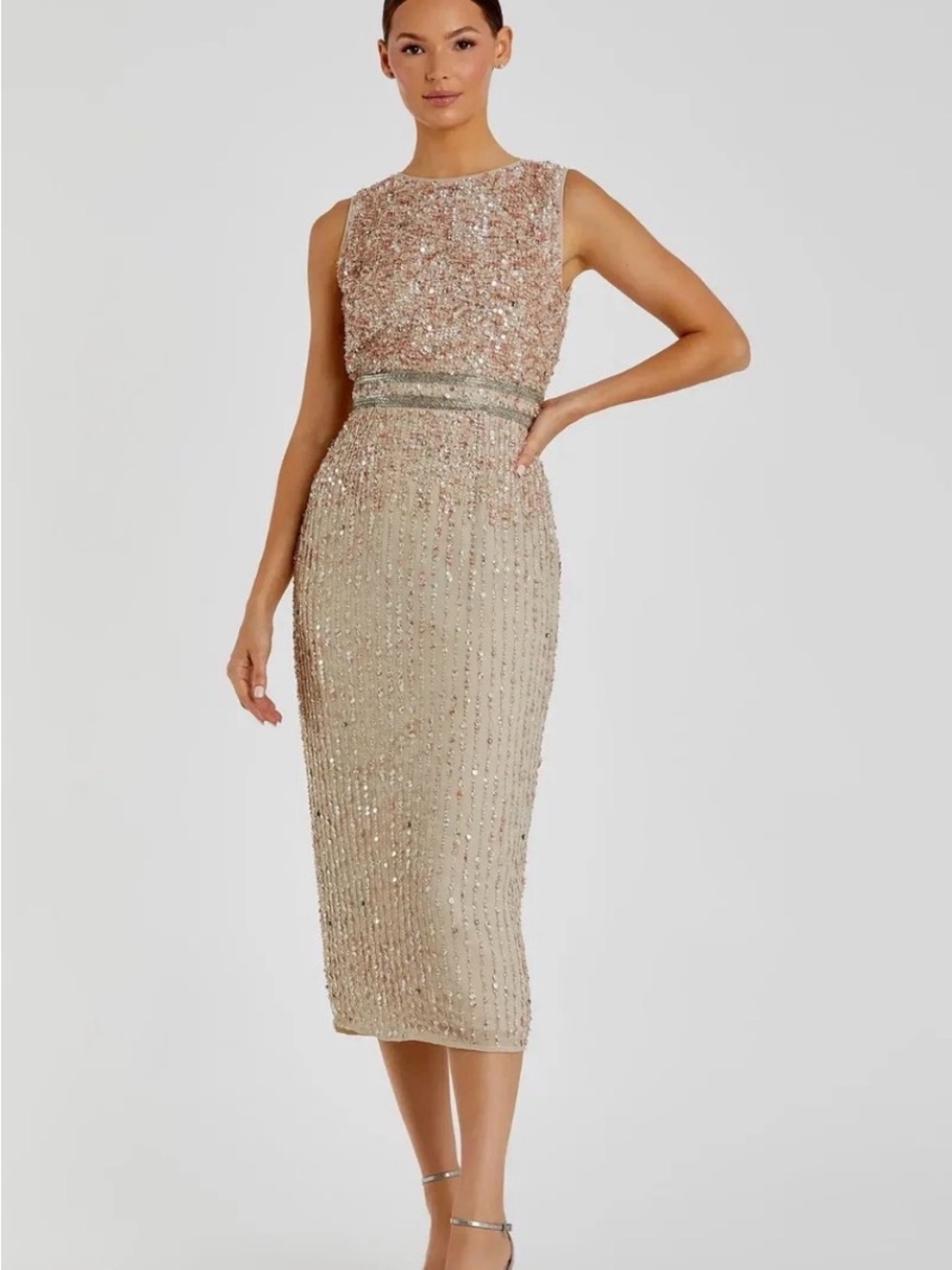 Mac Duggal Sleeveless Sequin Sheath Dress in Blush Gold Sz S